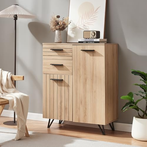 [en.casa] Sideboard Noppen Kommode mit 2 Türen und 2 Schubladen Mehrzweckschrank 100 x 80 x 38 cm Wohnzimmerschrank Buffetschrank Eicheoptik