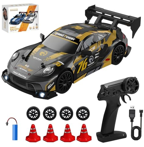 Hojalis Coche Teledirigido Drift, 1:24 2,4 GHz Drift RC Car, 20 km/h 4WD Coche de Drift Teledirigido con Luces LED, RC Drift Coche con Kit Barricada, para Niños Niñas y Adultos Regalo
