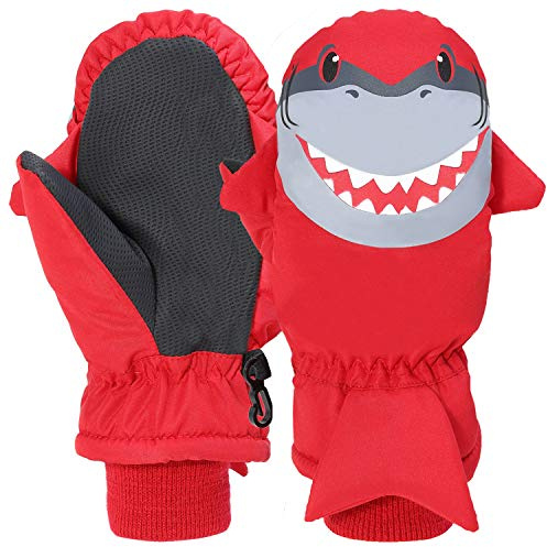 7-Mi Guantes de esquí de Invierno para niños Resistentes al Agua Shark Warm Outdoor Nylon Mitten para 3-6Y (Rojo)