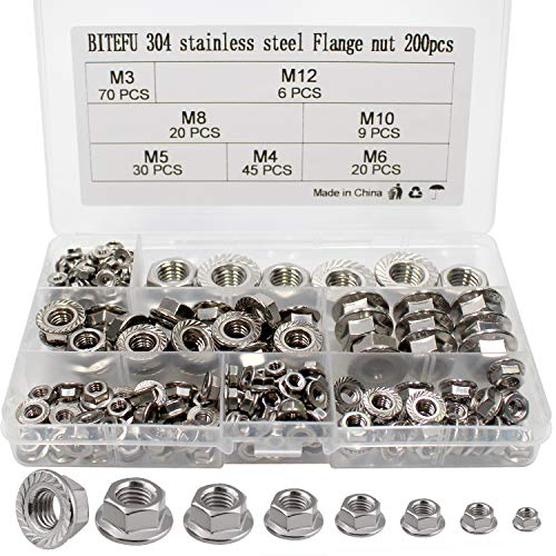 BITEFU 200pcs Écrous de Blocage Héxagonal à Écrou à Collerette Écrous à Émbase Acier Inox 304 M3 M4 M5 M6 M8 M10 M12 Kit d'assortiment
