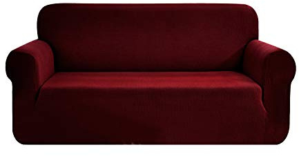 SAMSTEX Stylish Sofa Cover Stretch 1-Piece Sofa Slipcovers High Stretch Sofa Covers 3 Seater Thick Soft Sofa Protector Machine Washable Non Slip Couch Covers (3 Seater, Wine Red)