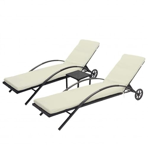 Mendler 2er-Set Sonnenliege HWC-E27, Relaxliege Gartenliege, Poly-Rattan - schwarz, Kissen Creme-beige