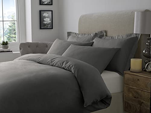 100% Brushed Cotton Duvet Cover Sets | Plain Dyed Reversible Flannelette Bedding Sets With Matching Pillowcases (Double, Charcoal), (BCDC)