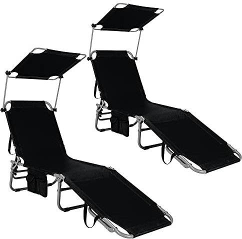GIANTEX 2er Set Sonnenliege mit Dach, Gartenliege klappbar, Campingliege Strandliege Verstellbarer Rückenlehne, Liegestuhl mit Seitentasche, Liege Reiseliege bis 150 kg belastbar Relaxliege (Schwarz)