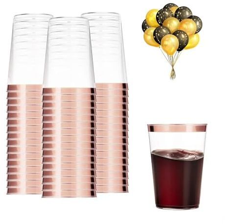 Pecewlos 50 Stück Plastikbecher mit Roségoldrand, 280ml Becher aus Kunststoff Wiederverwendbare Trinkbecher Elegante Party Weingläser für Champagner Bier Cocktail Martini Soda Dessert