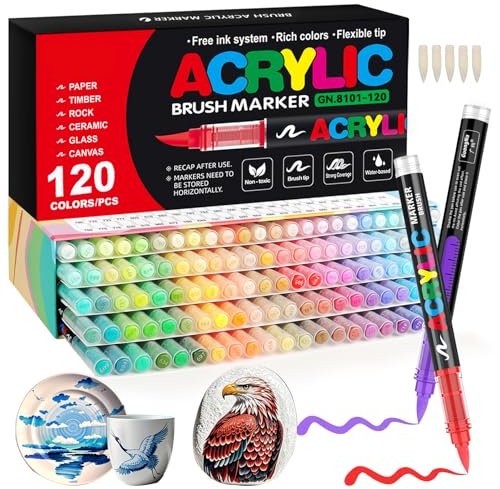 Gelanty Acrylic Paint Pens, 120 Colors Paint Markers with Flexible Brush Tip, Direct Liquid Acrylic Pens, Adult Colouring Pens, Drawing Pens for Rock Painting, Ceramic, Wood, Glass