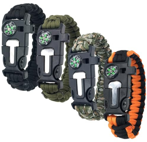 4 Pezzi Paracord Bracciale, 5 in 1 Braccialetto Paracord Sopravvivenza, Bracciali di Kit Campeggio con Pietra Focaia, Bussola, Fischietto, Paracadute Fibbia, Mini Sega, Bracciale Outdoor per Campeggio