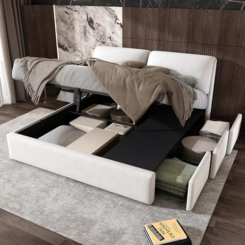LAKFEW Cama 180x200 cm Camas Matrimoniales con Espacio de Almacenamiento Hidráulico y 3 Cajones, Cama Matrimonio Tapizada, Cama Doble con Cabecero Ajustable, Terciopelo, Beige, Sin Colchón