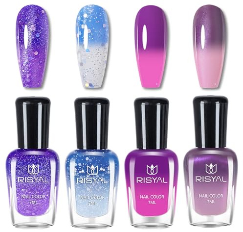 Colour Changing Nail Polish Set, Nail Varnish Quick Dry 4Pcs, Iridescent Mermaid Glitter Finish - Blue Purple Pink Ombre Nail Polish Set, Temperature Reactive No UV Lamp Required