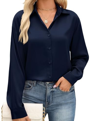 PASUDA Camicia Donna Elegante in Raso Camicetta con Bottoni Casual Maniche Lunghe Blusa Scollo a V Camicette Affari da Lavoro Tops Leggero Traspirante Shirts Moda Ampia Magliette(Blu Navy,M)