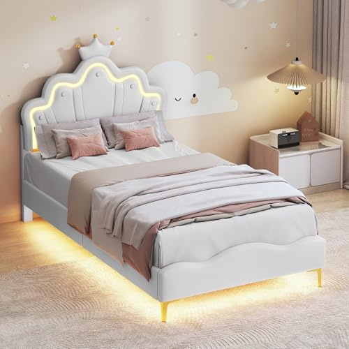 TIMORWTF Lit Enfant 90x200 cm,Lit Fille Princesse avec Éclairage LED,Tête de Lits Réglable en Forme de Couronne,Cadre de lit Simple Rembourré avec Sommier à Lattes,pour Enfants & Adultes (Blanc-PU-C)