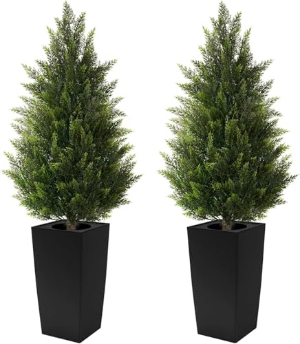 Árboles artificiales para exteriores, plantas falsas grandes de 4 pies, paquete de 2 plantas topiarias de cedro sintético con maceta, arbustos de hoja perenne en maceta para puerta delantera, jardín