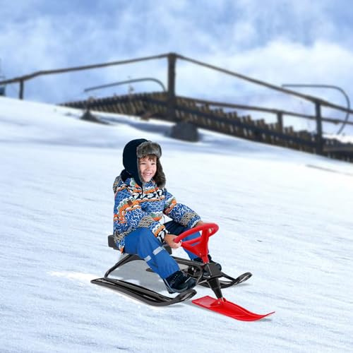Trineo con freno para niños y adultos, capacidad de carga de 100 kg, con volante, pedal antideslizante, asiento de poliuretano, trineo de carreras, juguete deportivo de invierno