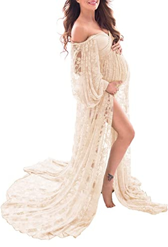 Saslax Lace Off Shoulder Doubly Split A-line Skirt Maternity Dress Soft Stretchy Pregnancy Prop Maxi Gown for Photoshoot Champagne Medium