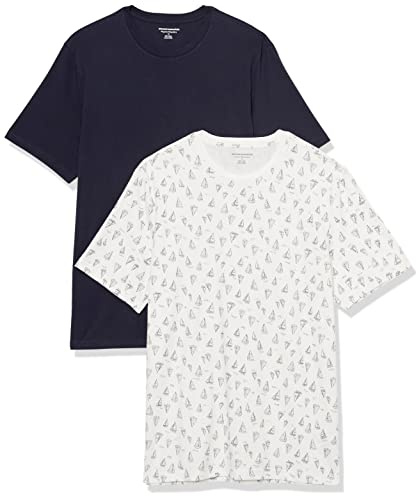 Amazon Essentials T-shirt en Coton à Col Rond à Manches Courtes, Coupe Classique Homme, Lot de 2, Blanc Imprimé Bateaux/Bleu Marine, M