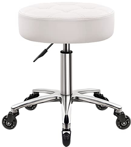 WKWKER 11 cm dicker Bürohocker auf Rädern, drehbarer, verstellbarer Hocker, PU-Leder, Sitzhocker für Küche, Salon, Büro, Massagehocker, weiß