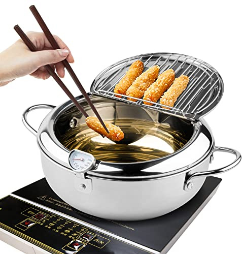 Kerilyn Deep Fryer Pot, 11 Inch/4.2 L Janpanese Style Tempura Frying Pot with Lid, 304 Stainless Steel with Temperature Control and Oil Drip Drainer Rack, for Kitchen French Fries, Chicken etc