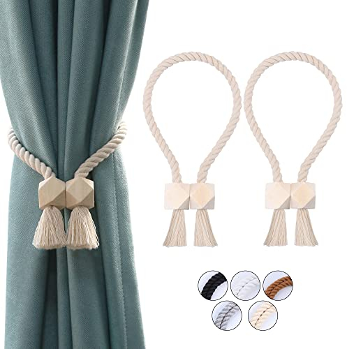 OCIOLI 2 Stück Starke magnetische Vorhang-Raffhalter, Raffhalter für vorhänge, gardinen Raffhalter, Raffhalter magnetisch, handgewebt Raffhalter, Vorhang Raffhalter (Beige, 2)