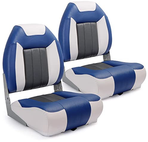SUNDGORA P1 Prämie Marine Klappbarer Bootssitz mit hoher Rückenlehne, Edelstahlschrauben inklusive, B1-Weißes Pazifikblau Charcoal (2 Sitze)