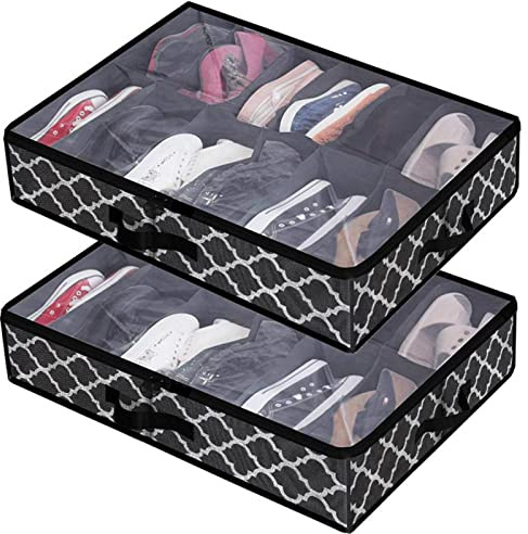 Pack of 2 Underbed Chest of Drawers for Shoes - Underbed Storage Box | Shoe Organiser with Transparent Lid | Shoe Storage with 12 Compartments | Shoe Storage Systems (A)