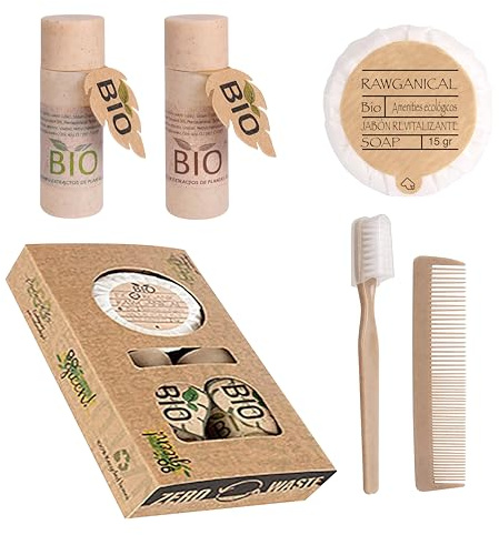 50 sets d'hygiène complets en coffret Bio. Pack de bienvenue pour hébergement touristique 5 pièces | 100% bio | Produits d'accueil pour hôtels et structures touristiques