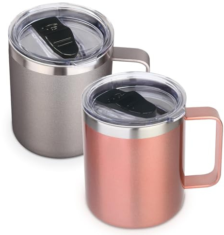 Volhoply 410 ml isolerad rostfritt stål kaffemugg med läcksäckt lock, 2-pack, dubbelväggsvakuum reskaffemugg med handtag, campingmugg håller varm/kall (Blandning, 2)