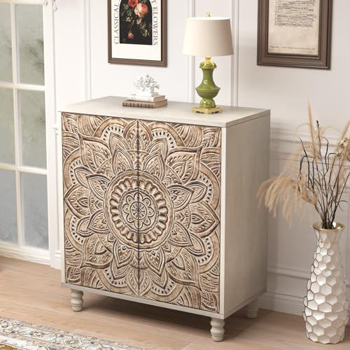 COSIEST 32 W Sideboard Buffet Cabinet with Storage, Accent Cabinet with 2 Push-to-Open Magnetic Doors, Vintage MDF Buffet Table for Living Room, Kitchen, Hallway (Gray,Lotus Pattern)