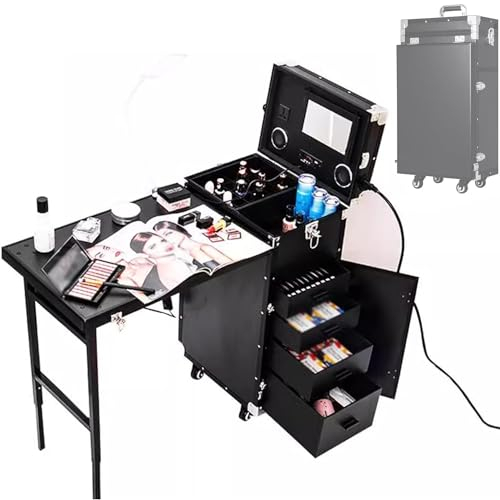 SHANRROW Rollbarer Maniküretisch, Zusammenklappbarer Tragbarer Kosmetikwagen Mit Spiegel Und Lautsprecher, Nageltische Mit 4 Schubladen, Für Abschließbare Salonreisen -38x29*76CM-Schwarz