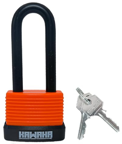 KAWAHA Vorhängeschloss mit langem Bügel aus Aluminium, wasserdicht, 92/40L-2P mit Schlüssel, robust, gleichschließend, laminierter Stahlkörper mit thermoplastischer Hülle, für Garage, Zaun, Schuppen