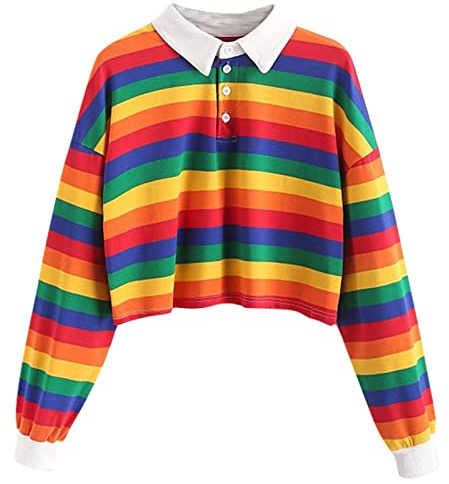 Keepink Sweatshirts for Women UK Women's Rainbow Stripe Crop Jumpers Trendy Long Sleeve Button Up Polo Patchcolor Sports Pullover Y2K Preppy Top Blouses Fit Students