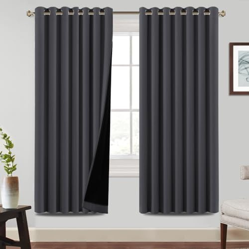 BellaHills 100% Blackout Curtains for Bedroom Thermal Insulated Blackout Curtains Heat and Full Light Blocking Eyelet Curtains for Living Room with Black Liner 2 Panels, 90 x 72 Inch, Charcoal Grey