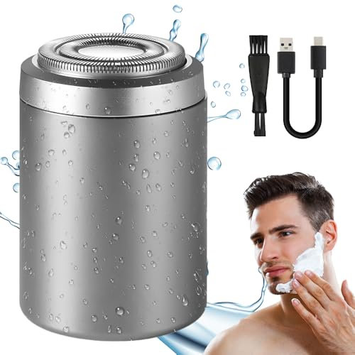 Rasierer Herren Elektrisch, 2025 Neu Tragbarer Mini Elektrorasierer, Elektrorasierer Herren 2 in 1 Wasserdicht Kabellos Rotationsrasierer für Gesicht Nass und Trockenrasierer (Silber)