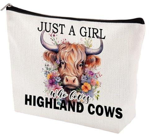 Borsa per il trucco con mucca delle Highland, regalo personalizzato per donne e ragazze, con scritta Just a girl who loves Highland Cows, graziosa borsa cosmetica per amanti delle mucche, regalo per