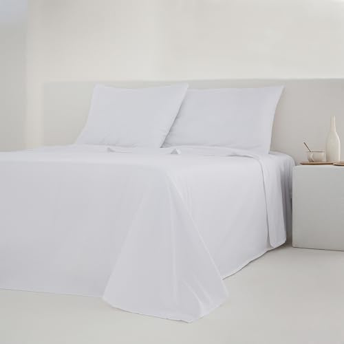 COTTON ARTean Juego de sábanas Cama 150x190 / 200 Percal Algodón 200 Hilos Noa Blanco 4 Piezas