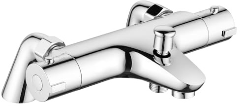 Ronvie Thermostatic Bath Shower Mixer Tap, Solid Brass Deck Mounted Bath Tap with Shower Attachment, 38°C Safe Anti-Scald Shower Mixer Bar Valve, Chrome Finished, 180mm (Bathtub Mounted)