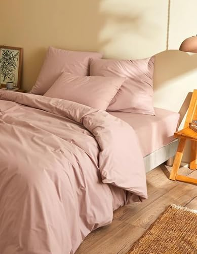Housse de Couette 3 Pieces 220 x 240 cm Unie 100% Percale de Coton Peigné – 80 Fils/cm² + 2 taies d'oreillers 65 x 65 cm Volant piqué Percale Certifié Oeko-TEX Luxury Qualite (Rose)