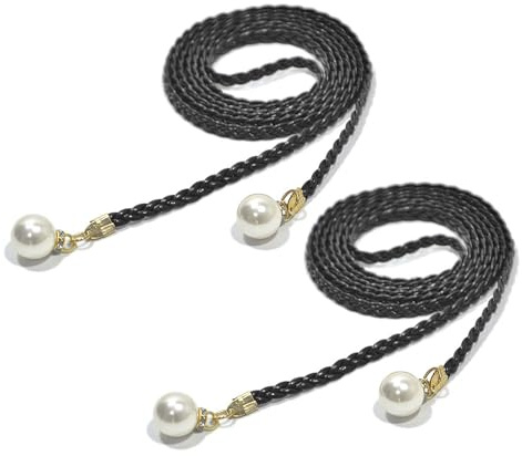 Klaisy 2Pcs Moda Corda In Vita Intrecciata Regolabile Laceup Cintura Con Perle Decors Per Le Donne Abiti E Gonna Tutte Le Donne Corde Corrispondenti, Nero , Taglia unica