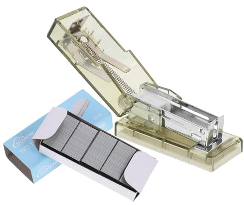 Gadpiparty Mini engrapadora transparente de plástico pequeña con funciones de perforación de corte de grapado para estudiantes, oficina y uso doméstico, pista suave resistente a atascos, práctico