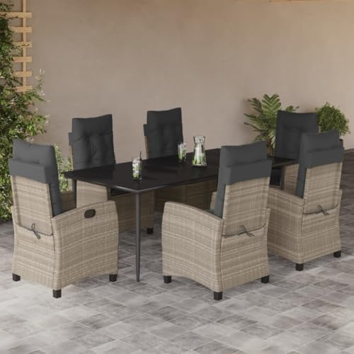 JHQHSM 7 pezzi Set da pranzo da giardino con cuscino grigio chiaro polyrattan, mobili da giardino in rattan PE con schienale regolabile e piano in vetro, gruppo di seduta resistente alle intemperie