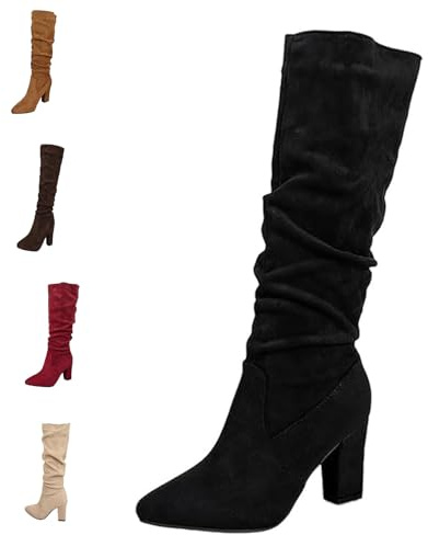 MASHANGGOU Stivali da donna eleganti al ginocchio in pelle scamosciata, con tacco a spillo e scarpe da indossare casual, Nero , 39/46 EU
