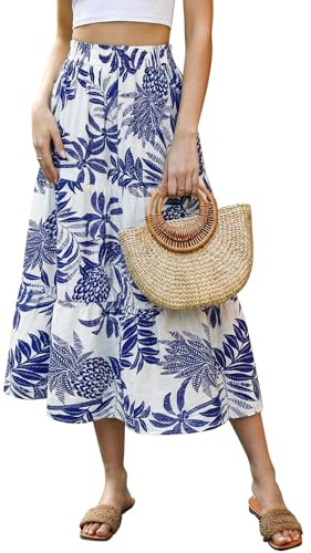 Adigaber Women Long Skirts Elasticated Waist Floral Print Vintage A-Line Calf Length Skirts