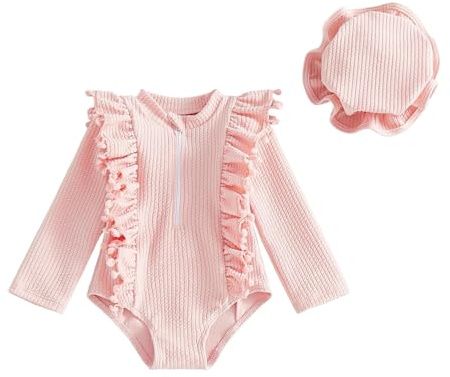 Generisch Maillot de bain pour bébé fille - Maillot de bain à volants à manches longues - Combinaison rashguard avec bonnet