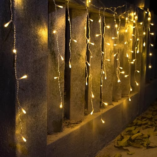 YOLIGHT Icicle Christmas Lights 13ft 96 LEDs Icicle String Lights 8 Modes Twinkle Curtain Fairy Lights, Indoor Room Patio Garden Bedroom Wedding Halloween Party Decoration (Warm White)