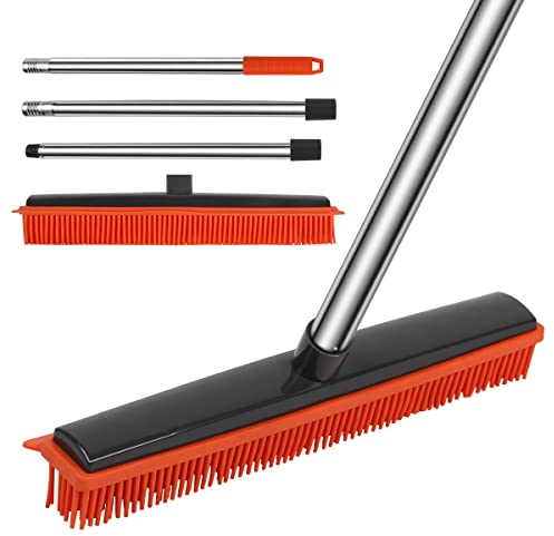 JIUNENG Scopa in Silicone con Manico Lungo, Senza Graffi, Scopa in Gomma per la Rimozione dei Peli di Animali Domestici, per Pavimenti Moquette Piastrelle Finestre Giardini, Arancione