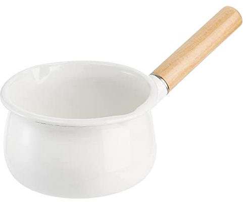 Jucoan 1 Quart Enamel Milk Pan with Dual Pour Spout, Small Enamel on Steel Saucepan Milk Pot Butter Warmer with Wooden Handle, Stove Top Soup Simmer Pot for Home Kitchen Cooking Heating Boiling