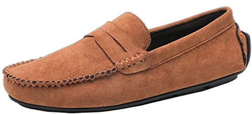 Schuhe Smoking Loafer für Herren, echtes Leder, runde Zehenpartie, Wildleder, Vamp Pennyloafer, resistent, flacher Absatz, rutschfest, zum Gehen, aprikose, 42 2/3 EU