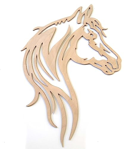 kh Teile Wanddeko Holz Pferd Wandbild Pferdekopf Dekoration Innen Außen Stall Garten Wand Deko Geschenk Idee Natur Wohnzimmer Kinderzimmer Kinder Groß Höhe 50 cm, Natur (ggf. selbst lackieren)
