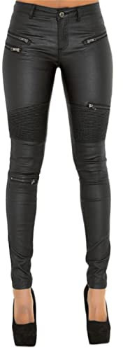 JIER Damen Lederhose Sexy Skinny Bikerhose PU Leder Look mit Reißverschluss Biker Pants Leggings Große Größe Jeanshose Denim Bleistift Hose Jeanshose (Schwarz 1,M,M)