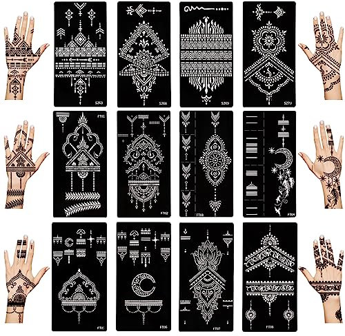 12 Feuilles Kit de Pochoirs Temporaires pour Tatouages au Henné pour les Mains