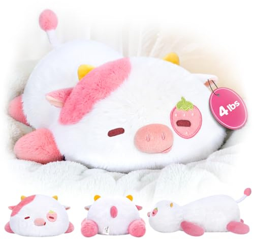 Mewaii Weighted Teddy Strawberry Cow Plush, 1.8kg (4lb) | Soft Pillow Shape, Huggable Plushies, Realistic Cow Design, Cozy Gift for Adults & Kids